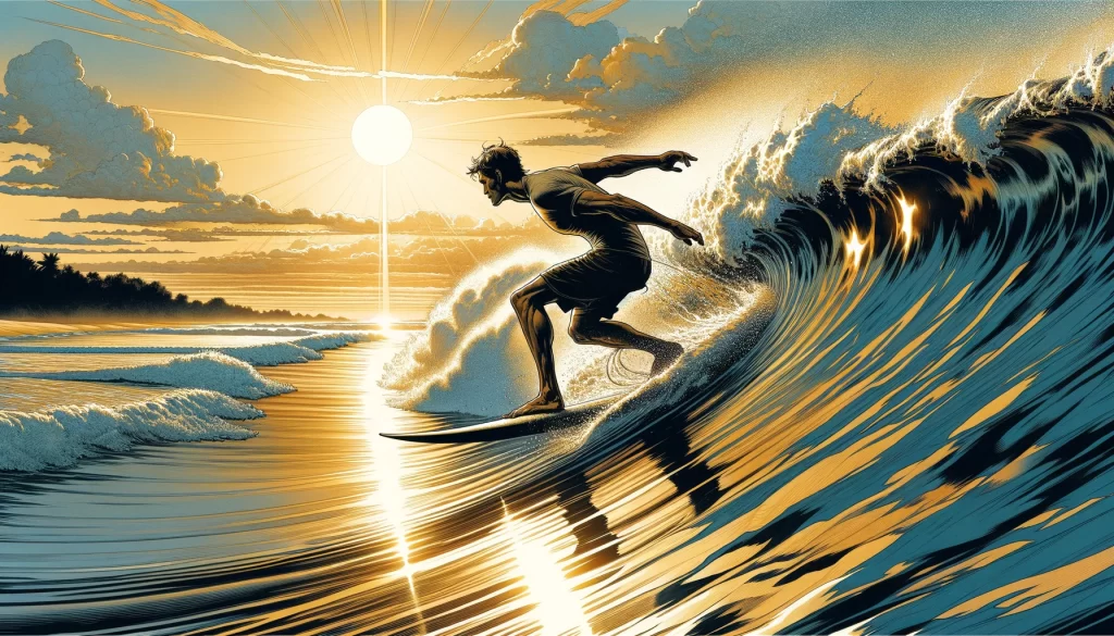 朝焼けの中サーフィンをする男性