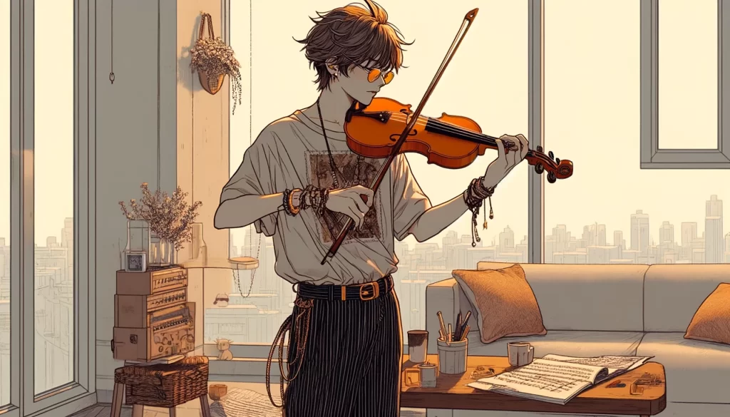 バイオリンの練習をする男性