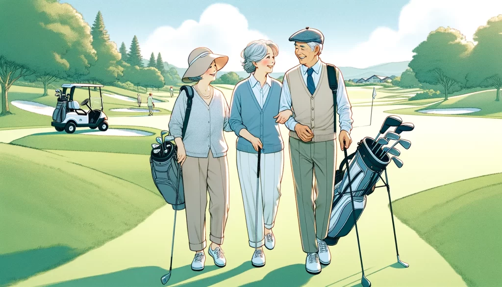 ゴルフをする老夫婦と友人