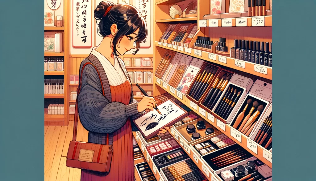 お店で書道の道具を選ぶ女性