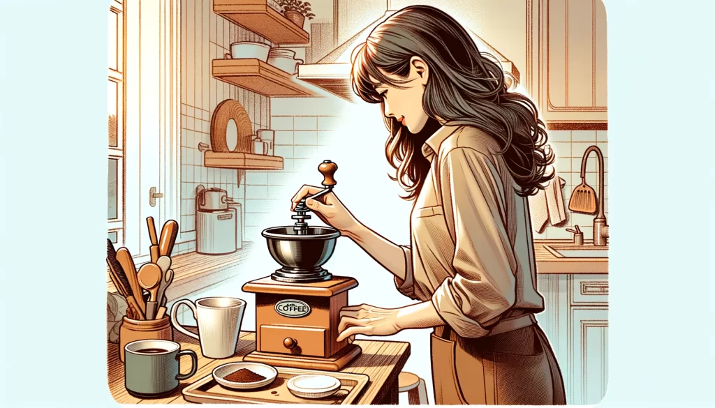 コーヒーミルを操作する女性