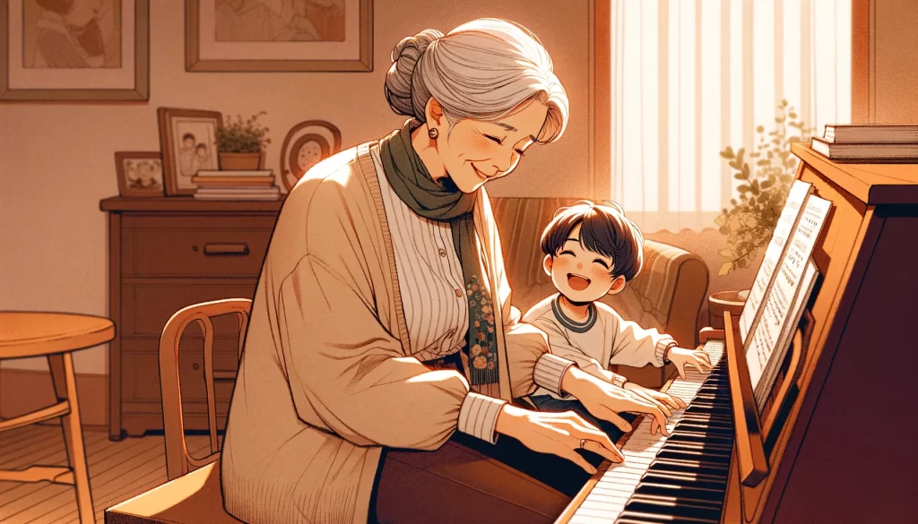 孫と一緒にピアノを弾くお婆さん