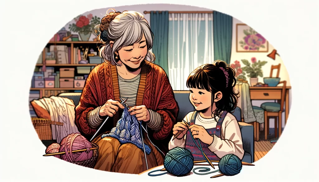 孫に編み物を教えるお婆さん