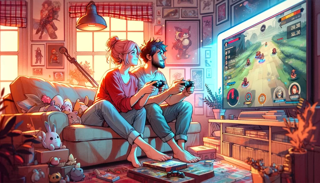 テレビゲームを楽しんでいる夫婦