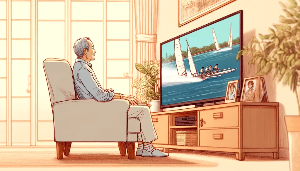 テレビでボートレースを観戦するお爺さん