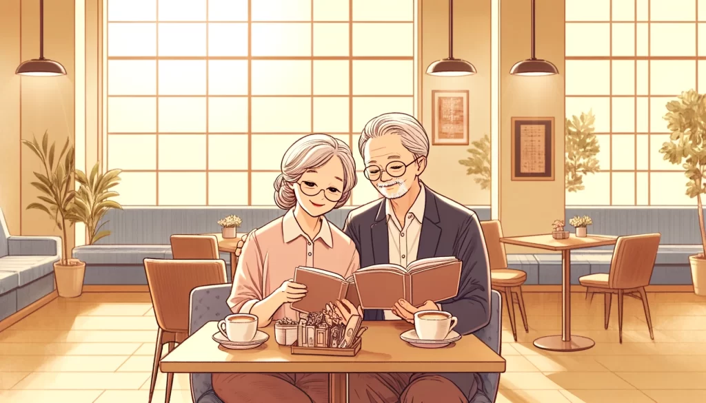 カフェで読書をしている老夫婦