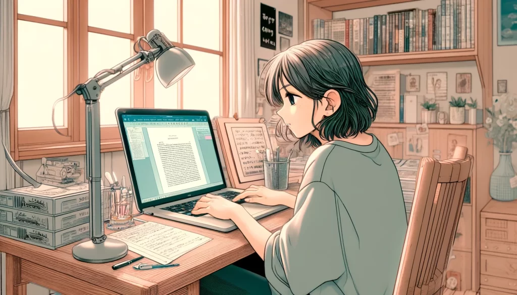 女性がノートパソコンで執筆している