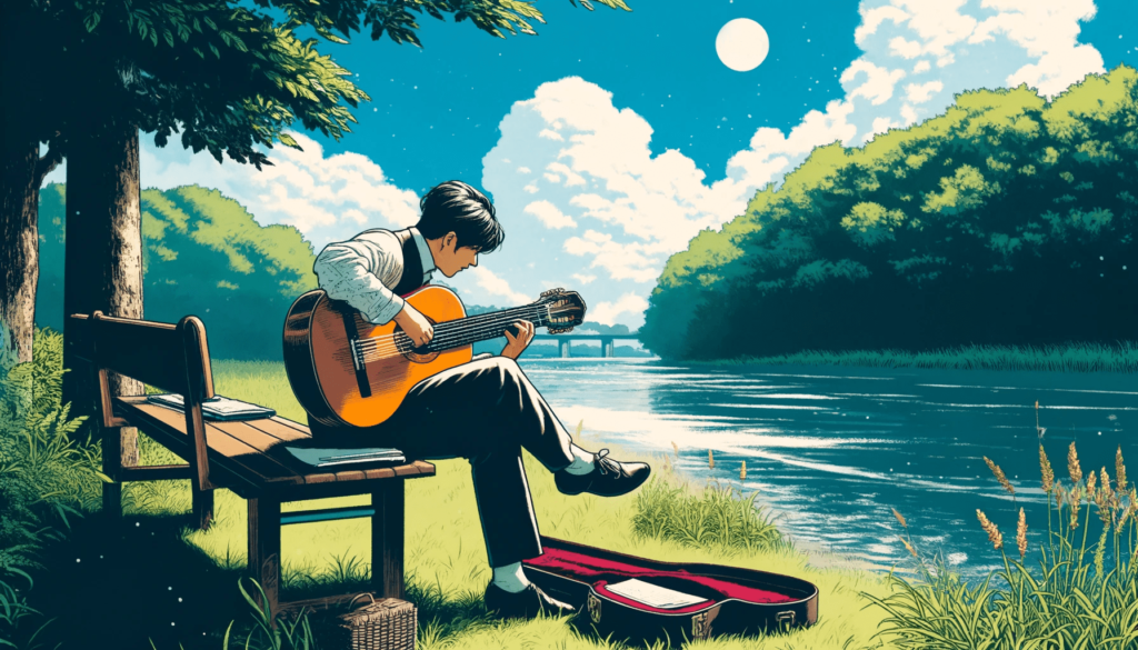 川辺でクラシックギターを弾く男性