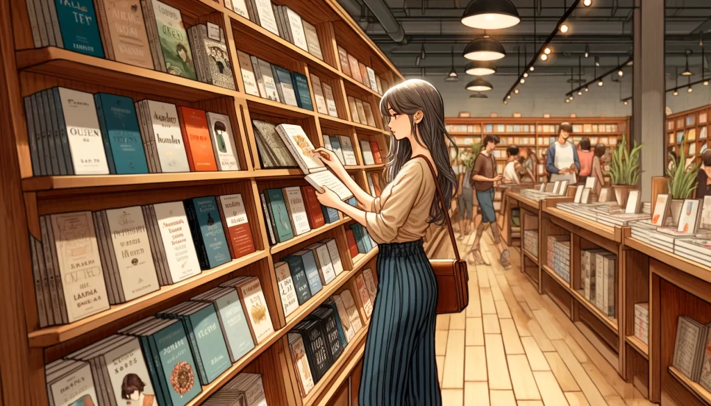 書店で本を選んでいる女性