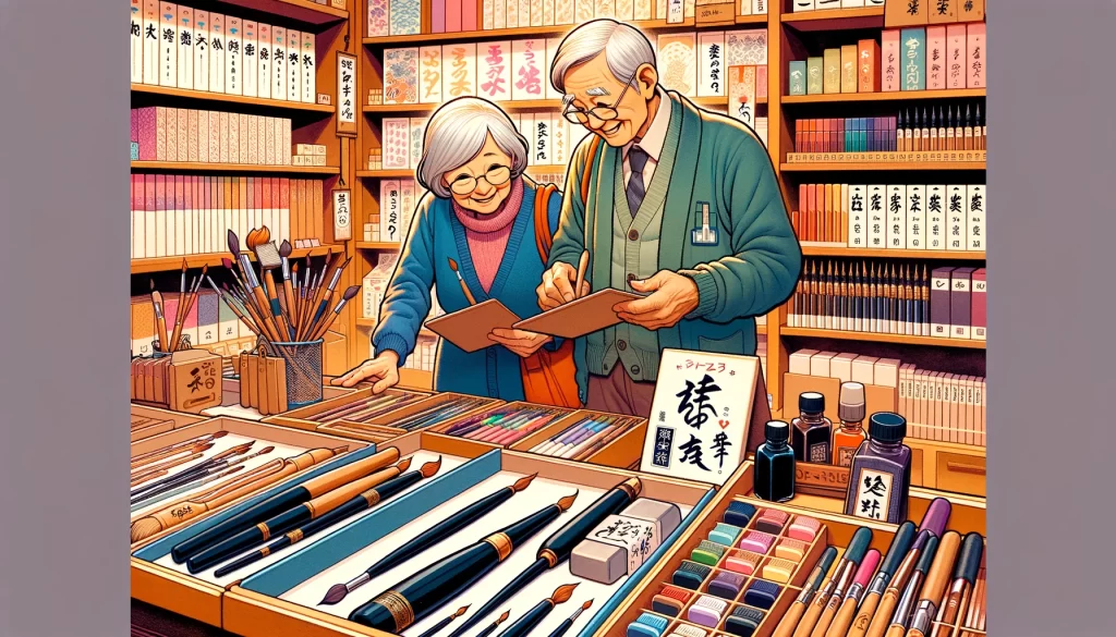 お店で書道の道具を選ぶ老夫婦