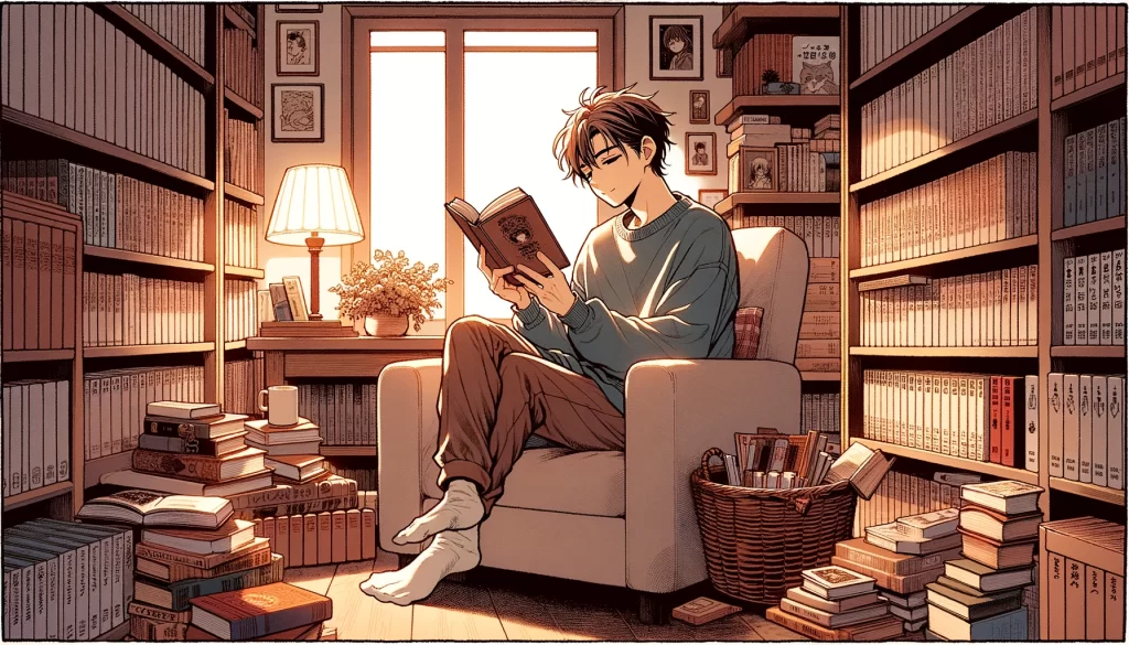 本棚に囲まれた部屋で読書をしている男性