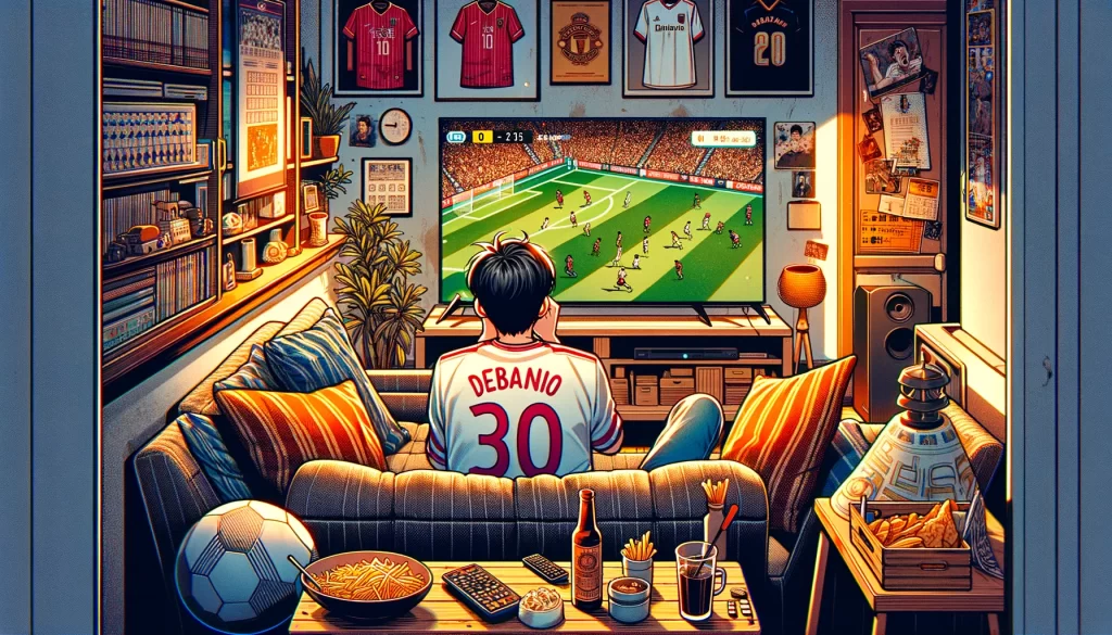 部屋で一人テレビでスポーツ観戦を楽しむ男性