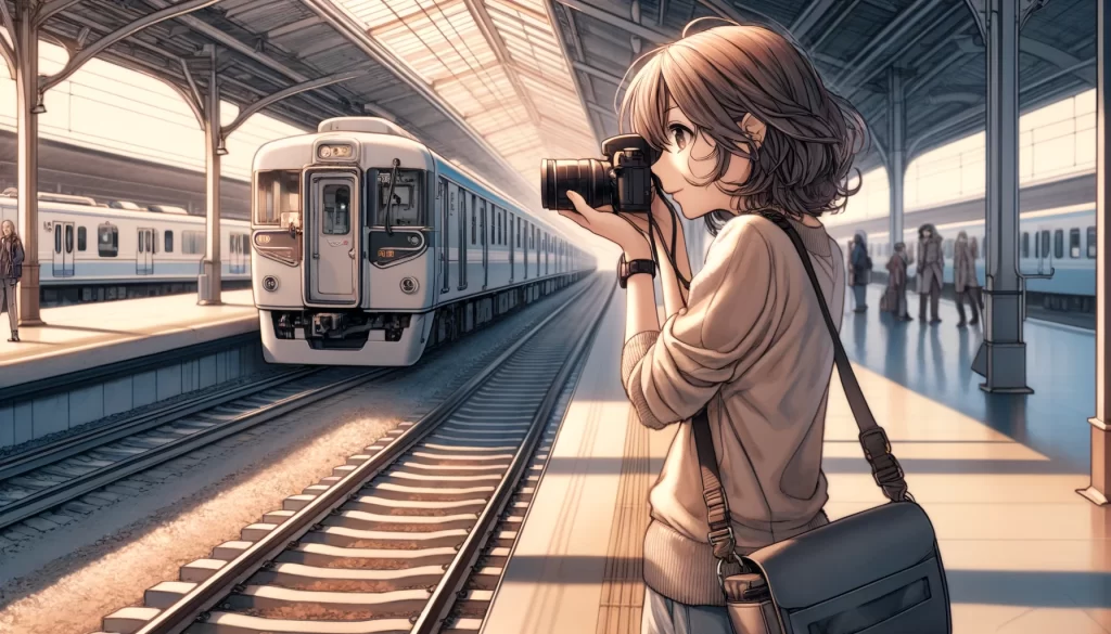 電車を撮影する女性