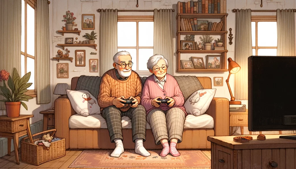 テレビゲームを楽しんでいる老夫婦