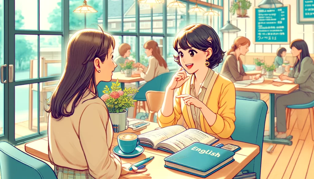 カフェで友人と英会話の勉強をする女性