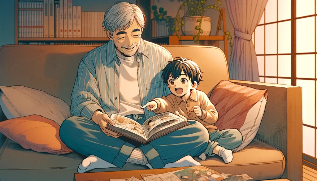 孫と一緒に漫画を読むお爺さん