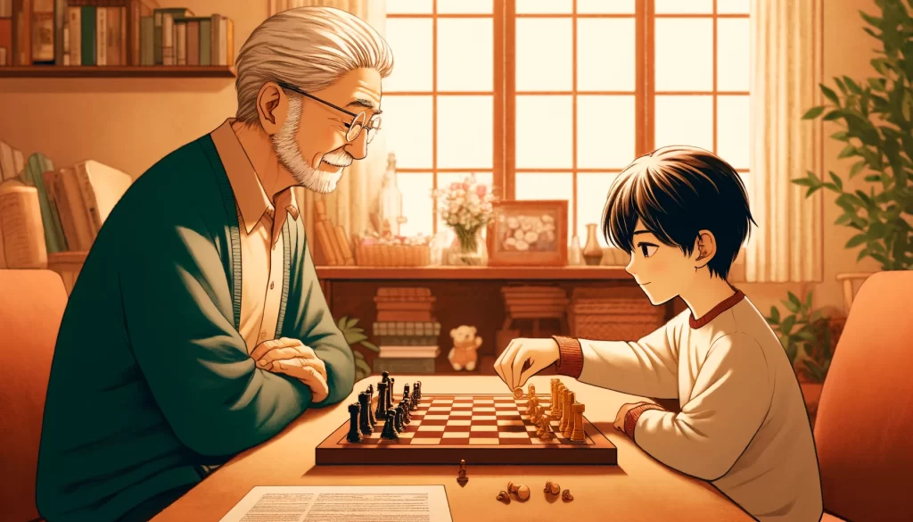 孫にチェスを教えるお爺さん