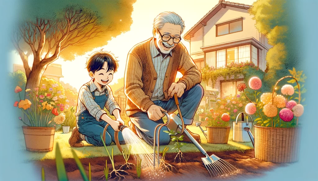 孫と園芸をするお爺さん