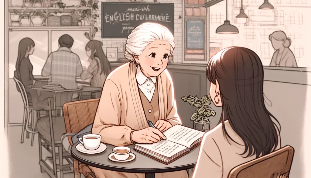 カフェで英会話の勉強をするお婆さん