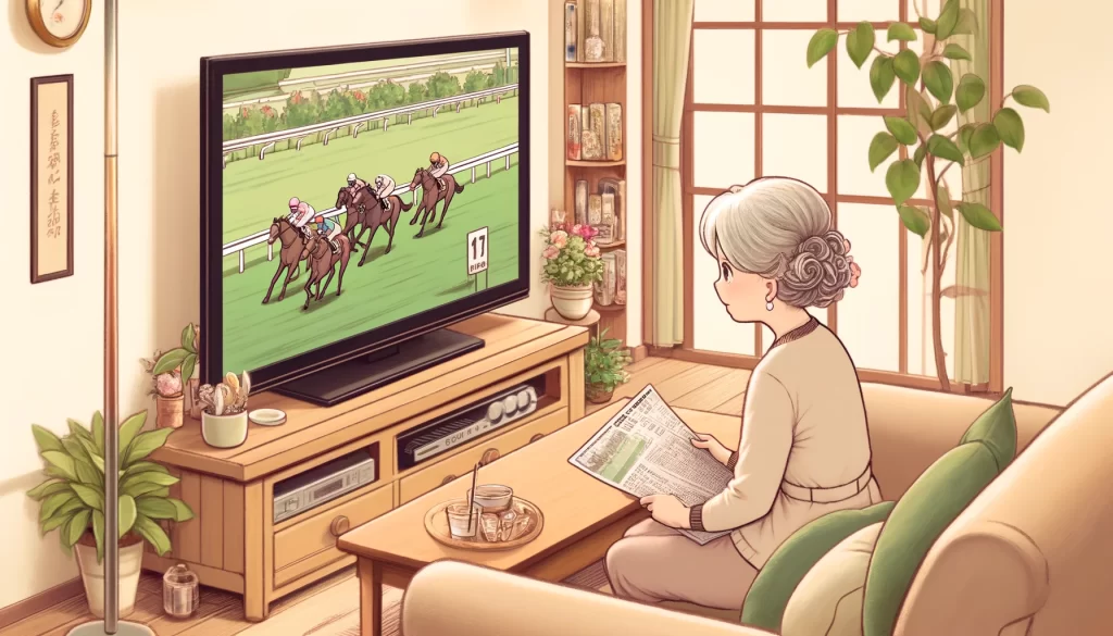 テレビで競馬観戦するお婆さん