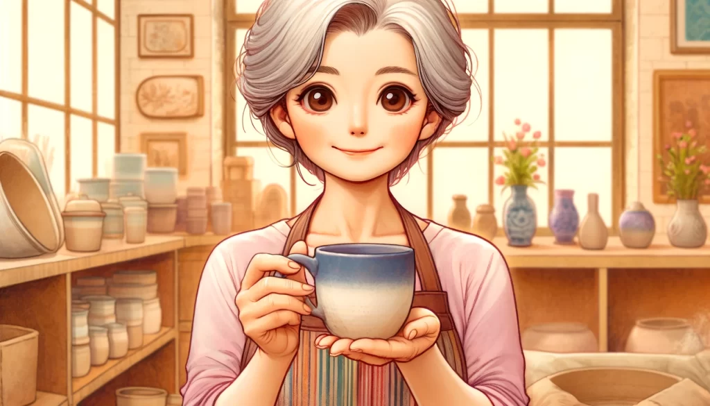 陶芸で完成したマグカップを持つお婆さん