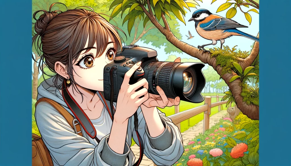 バードウォッチングで鳥をカメラ撮影する女性