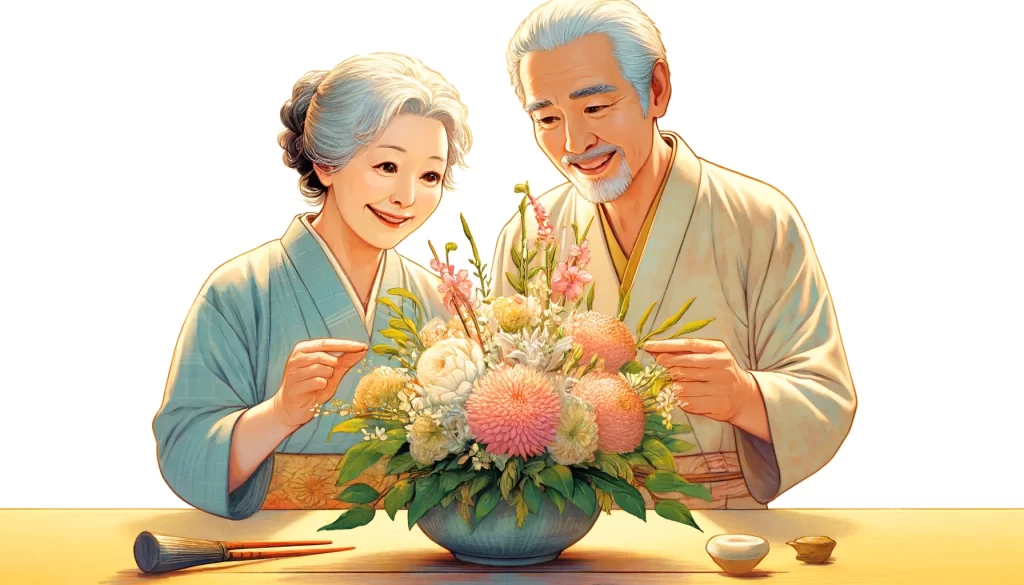 生け花を楽しむ老夫婦